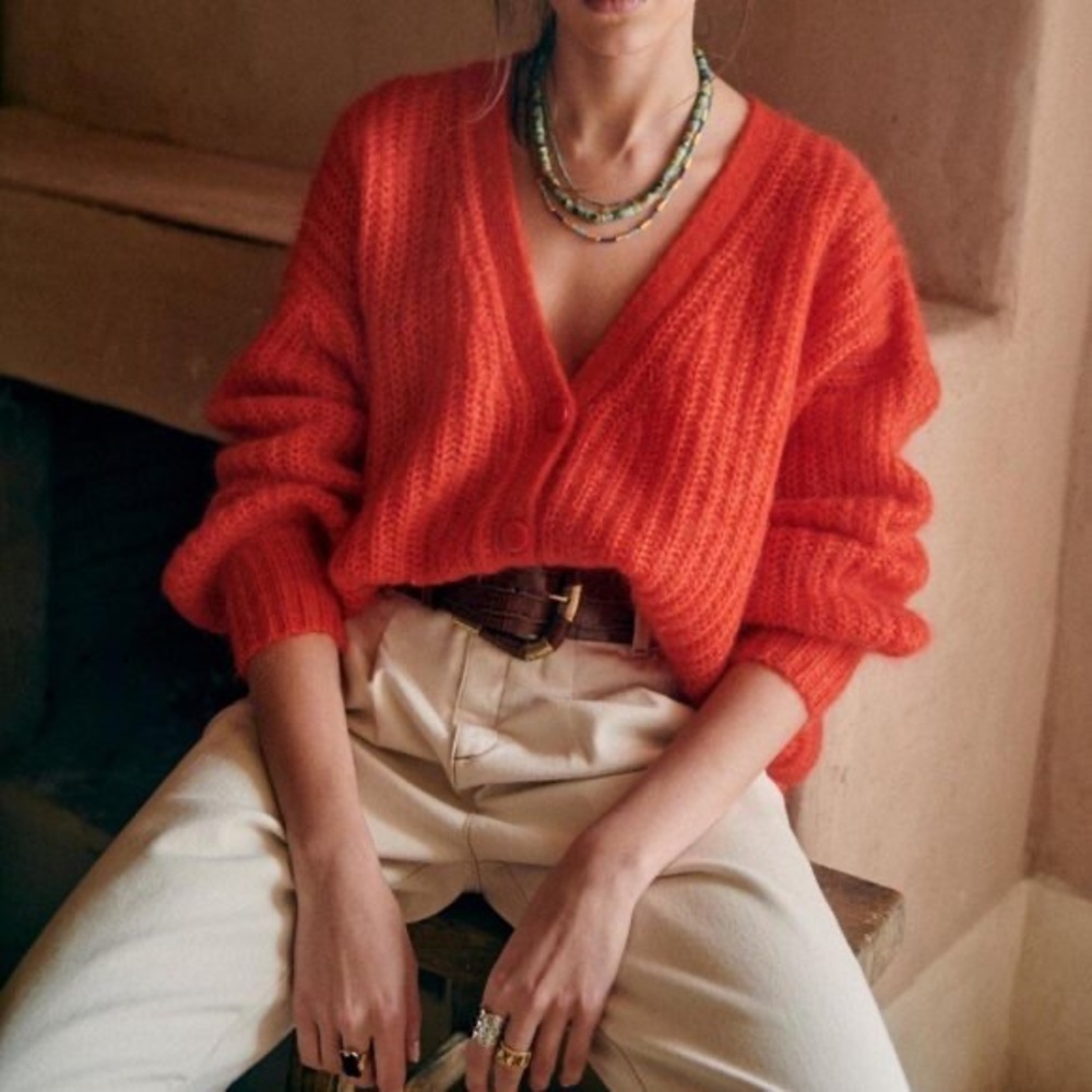 Sezane Achille Jumper in Red Wool Kid Mohair V Neck Cardigan